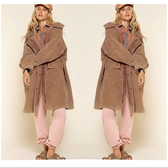 POL 𝅺corduroy Hooded Long Coat in Teddy Bear - Picture 1 of 12